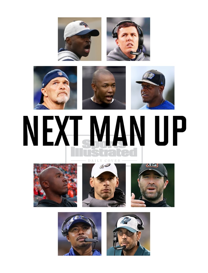 SI Daily Cover with headshots of 10 top coaching candidates: Ejiro Evero, Kellen Moore, Dan Quinn, Patrick Graham, Raheem Morris, DeMeco Ryans, Jonathan Gannon, Brian Callahan, Marcus Brady and Shane Steichen